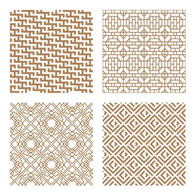 Modern tarzda tipik çizgilere ve elementlere sahip geleneksel Kore ya da Çin motifi de dahil olmak üzere geometrik Asyalı soyut dikişsiz vektör modelini ayarla