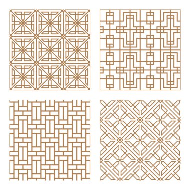 Modern tarzda tipik çizgilere ve elementlere sahip geleneksel Kore ya da Çin motifi de dahil olmak üzere geometrik Asyalı soyut dikişsiz vektör modelini ayarla
