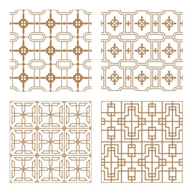 Modern tarzda tipik çizgilere ve elementlere sahip geleneksel Kore ya da Çin motifi de dahil olmak üzere geometrik Asyalı soyut dikişsiz vektör modelini ayarla