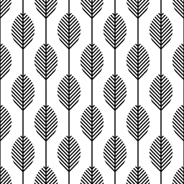 Scandinavian Modern Folk Seamless Vector Pattern Leaves Black Lines White — Stock Vector