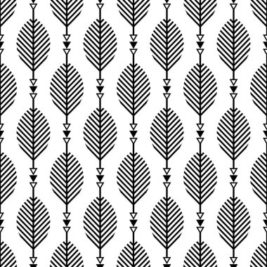 Minimalist geometrik tarzda beyaz arka planda yaprakları, okları ve siyah çizgileri olan İskandinav modern halk şablonu.