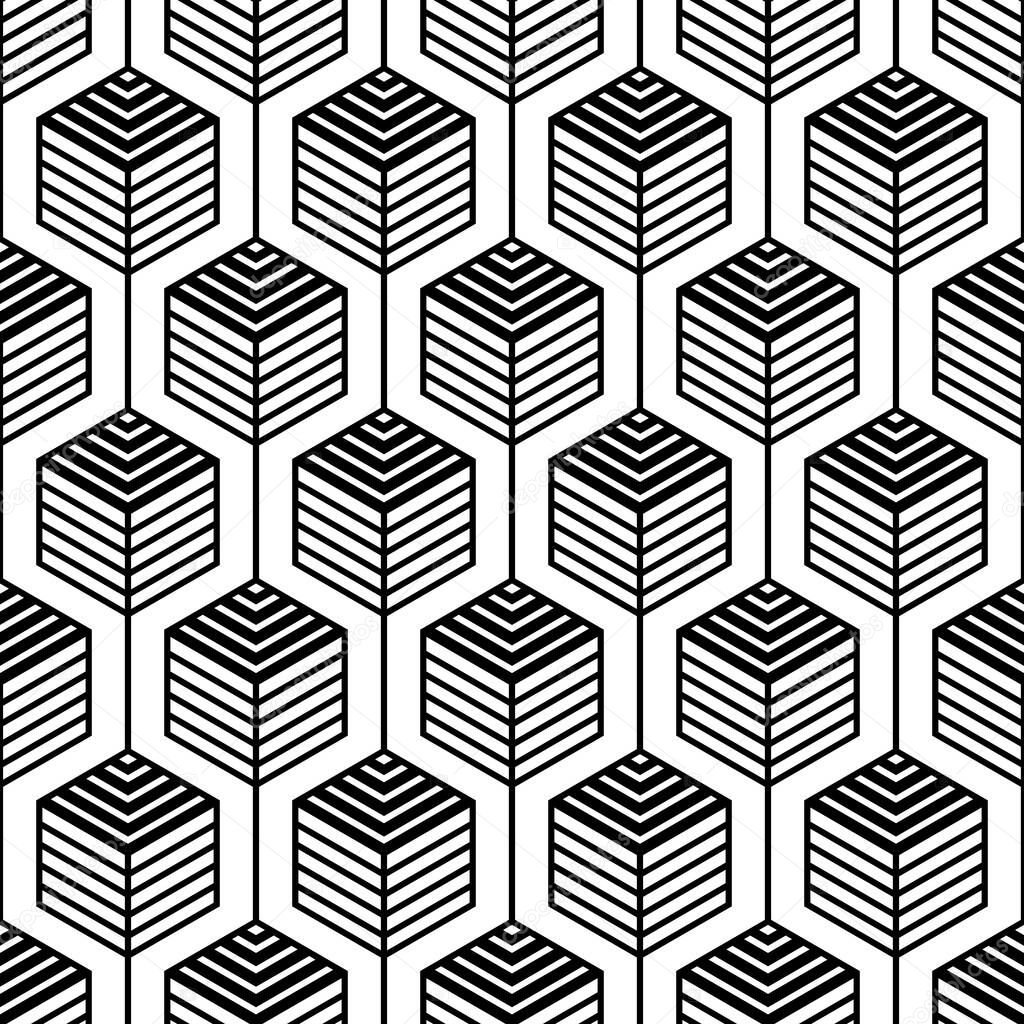 Scandinavian modern folk seamless vector pattern with hexagons and black lines on white background in minimalist geometric style