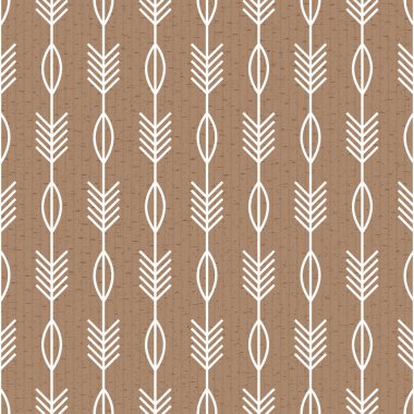 İskandinav modern geometrik dikişsiz vektör deseni beyaz yapraklar ve kahverengi arka planda minimalist tarzda oklar