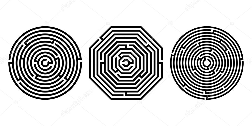 Set of 3 maze / labyrinth on white background, illustration of educational kids game, for children books and leisure, with solution