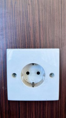 Tahta bir Duvarda Beyaz F Tipi Elektrik Soketi