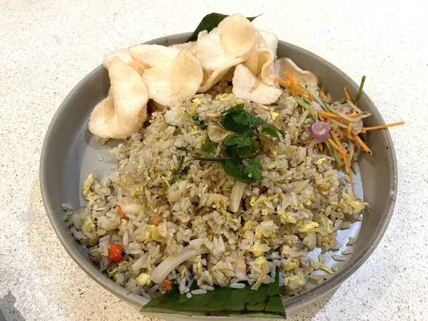 Authentic Indonesian Seafood Fried Rice with Prawn Crackers and Acar