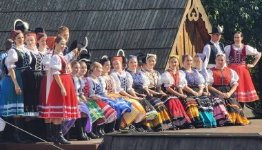 Renkli geleneksel halk kostümleri giymiş büyük bir grup sanatçı kültürel bir etkinlik sırasında arka planda kırsal ahşap binalarla açık havada poz veriyorlar..