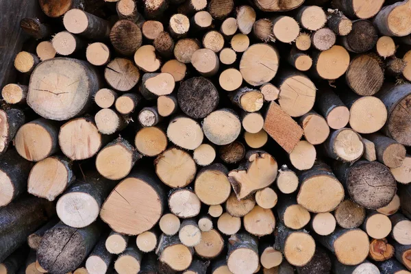 Kesik ağaç halkalarını ve çeşitli dokuları gösteren düzgün istiflenmiş odun kütüklerinin yakın plan görüntüsü, ısıtma, ormancılık ve kırsal depolamayı temsil eden doğal bir ahşap desen oluşturur.