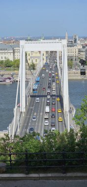 Trafiğin yoğun olduğu bir nehir üzerinde köprü. Köprü beyaz ve arabalar sarı, mavi, beyaz ve kırmızı.