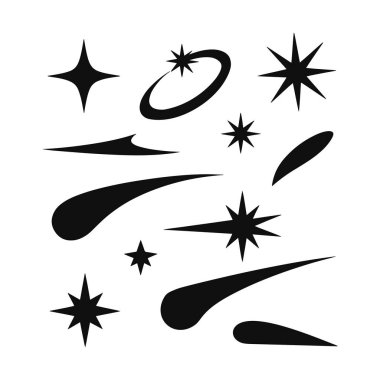 Yıldız ve Parıltı Simgesi Vektör Kümesi. Asgari Sihirli Yıldızlar, Parıltı Kıvılcım Şekilleri, Logo Tasarımı için Çekici Yıldız Elementleri, Kullanıcı Arayüzü, Etiketler, Markalaşma, Dekorasyon ve Grafiksel Projeler