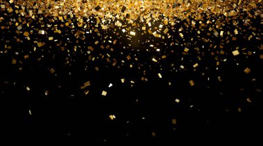Altın Konfeti Yağmuru Kara Arkaplanda Düşüyor. Lüks Kutlama Parıltısı Partisi Olayları Soyut Kutlama Arkaplanı