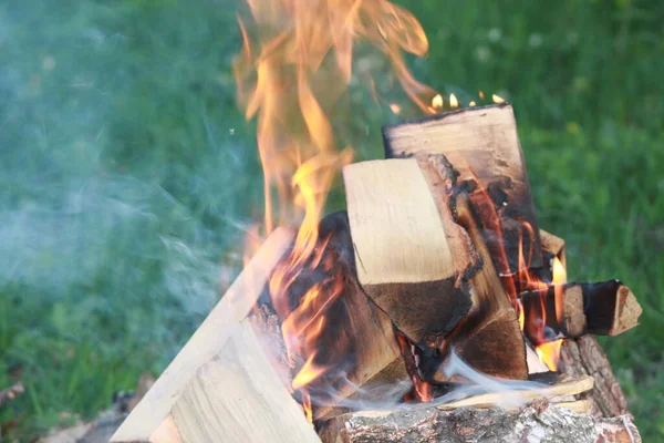Açık havada odun yakmak, odun yakmak, odun yakmak, alevler ve dumanlar. Doğal yangın konsepti, kamp ve hayatta kalma teması.