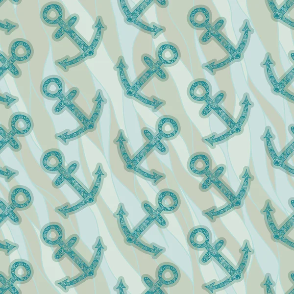 Бесшовный рисунок с якорями на фоне абстрактных волн — стоковый вектор