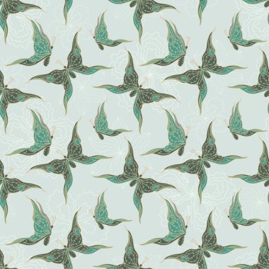 Vektör yeşil zemin üzerine kelebek sorunsuz dokusuna