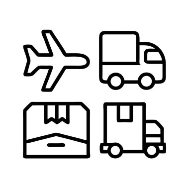 Lojistik dağıtım simgeleri: uçak, kamyon, paket, kargo