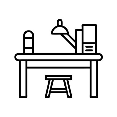 Lamba, kitap ve tabure simgesiyle merkez ofis masası kurulumu.