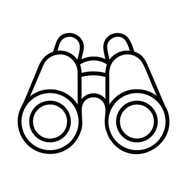 A minimalist black line art icon illustrating a pair of binoculars, an essential tool for magnifying distant objects during outdoor activities, travel, and exploration.