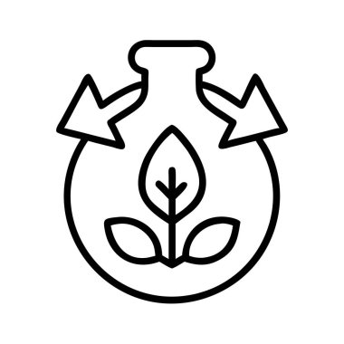 Bu çizgi sanat ikonu, bir laboratuvar şişesinin içinde bir bitki yaprağını, oklarla birlikte, botanik araştırmayı, organik kimyayı, doğal özleri ve sürdürülebilir bilimi sembolize eder..