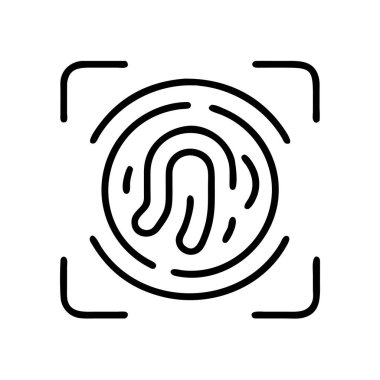 Tarama çerçevesinde parmak izini tasvir eden, biyometrik güvenlik, kimlik doğrulama ve dijital erişim kontrol sistemlerini sembolize eden temiz, minimalist bir çizgi simgesi. Teknoloji, gizlilik ve veri koruma kavramları için ideal.