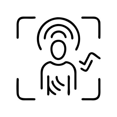 Yüz ya da ses tanıma gibi biyometrik doğrulamayı temsil eden simge, ses ve haptik geribildirim elemanlarına sahip bir insan ana sahip, hepsi de parantez hedefleme ile çerçevelenmiş.