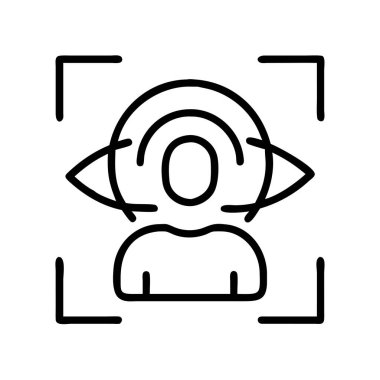 Yüz tanıma teknolojisini ve biyometrik taramayı temsil eden bir çizgi resim ikonu, güvenli kimlik doğrulama, dijital kimlik doğrulama ve veri erişimi için kullanılır. Modern güvenlik kavramı.