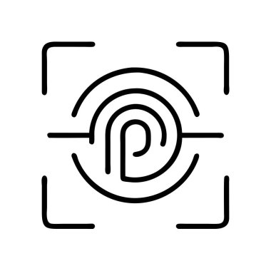 Tarama çerçevesi içinde parmak izini tasvir eden, biyometrik güvenlik, erişim kontrolü ve dijital sistemler ve gizlilik için kişisel tanımlamayı sembolize eden bir minimalist çizgi sanat simgesi.