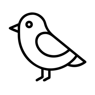 Minimalist siyah çizgili bir kuş simgesi. Bu basit, zarif grafik yuvarlak gözlü ve gagalı küçük bir kuşu gösteriyor, iki ayak üzerinde duruyor, çeşitli tasarım projeleri için uygun..