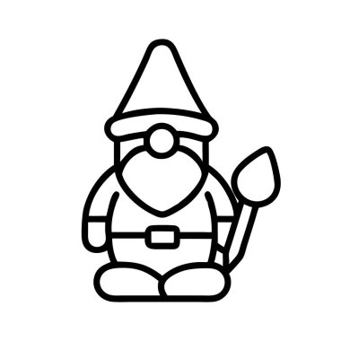 Belirgin sivri şapkası, gür sakalı ve bahçe küreği olan büyüleyici bahçe cücesinin basit bir vektör çizgisi ikonu. Çeşitli tasarım projeleri ve temalar için ideal.