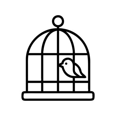 Minimalist bir siyah taslak ikonu, bir kuş kafesinde hapsedilmiş küçük bir kuşu tasvir ediyor. Kısıtlama kavramları, evcil hayvan sahipliği veya tasarım özgürlüğünün kaybı için uygun..