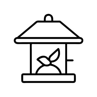 Geleneksel kuş besleyicisi tasarımının basit siyah çizgi çizimi. Bu net vektör simgesi dijital medya, çevresel kavramlar ve açık hava etkinlik temaları için idealdir.