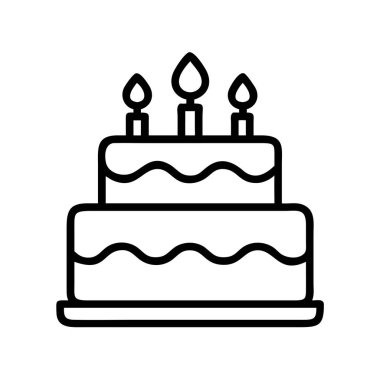 Bu temiz taslak ikonu, üç parlayan mum, somutlaştırıcı kutlama ve neşe veren iki katlı şenlikli bir pasta içeriyor. Dijital ortamda doğum günleri, yıldönümleri ve parti tasarımları için ideal.