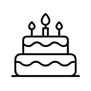 Üç mumla süslenmiş iki katlı bir doğum günü pastası içeren temiz ve basit bir çizgi sanat ikonu. Doğum günlerini, yıldönümlerini ve diğer bayramları kutlamak için ideal. Neşe ve özel anları temsil eder..