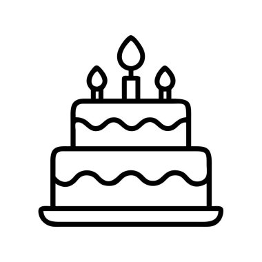 İki katlı, üç parlayan mumla süslenmiş, neşeyi, partiyi ve özel durumları sembolize eden bir doğum günü pastasının temiz çizgisi çizimi. Davetiyeler ve selamlar için mükemmel..