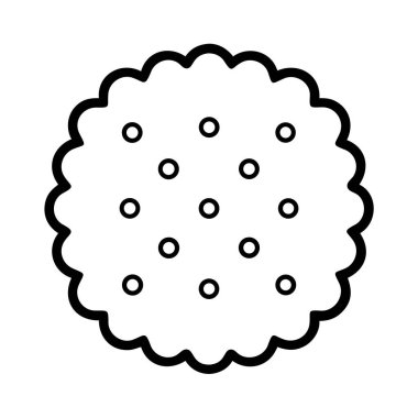 Klasik yuvarlak bir kurabiye ya da krakeri tasvir eden vektör çizgisi çizimi, farklı deniz tarağı kenarları ve küçük delikler içeriyor. Web, baskı ve UI tasarım elementleri için idealdir. Basit yemek grafiği.