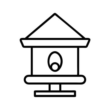 Klasik bir kuş evi tasarımını tasvir eden minimalist siyah çizgili bir sanat çizgisi çizimi. Üçgen bir çatı, ana gövde, yuvarlak bir giriş ve küçük bir levrek..