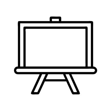 Boş bir dikdörtgen levhayı tutan bir sehpanın basit çizgisi çizimi. Öğrenmeyi, öğretmeyi, yaratıcılığı, iş stratejisini ve bilgiyi temsil eden çok yönlü grafik.