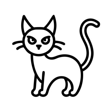 Sivri kulaklı, sivri uçlu, bıyıklı ve çeşitli tasarım projeleri için uygun kıvrık kuyruklu huysuz bir kedi içeren minimalist bir siyah ana hatlı vektör çizimi..