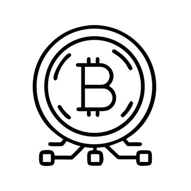 Merkezi olmayan bir ağa bağlı olan önde gelen dijital kripto para birimi Bitcoin 'i tasvir eden ana simge. Engelleme teknolojisini, fintech 'i ve çevrimiçi işlemleri ve dijital varlıkları sembolize eder.