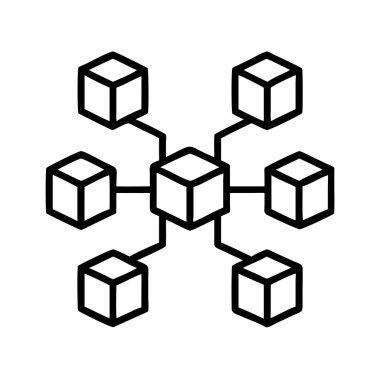 Birbirlerine bağlı küplerle dağıtılmış ağ konseptini gösteren temiz çizgi sanat simgesi. Engelleme zinciri, veri paylaşımı, bulut hesaplama ve teknoloji tasarımları için ideal.