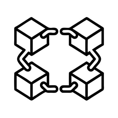 Merkezi olmayan bir şablona bağlı dört izometrik küp tasvir edilmiş çizgi sanat çizimi, ağ mimarisini, engelleme zinciri teknolojisini ve veri dağılımını sembolize etmektedir..