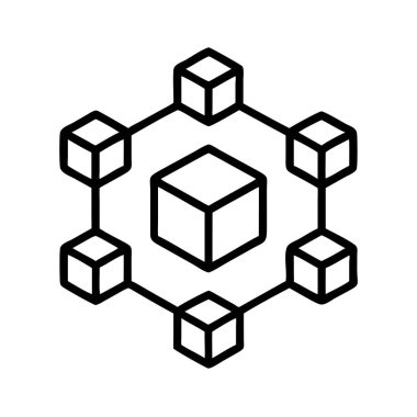 Merkezi bir bloğu birden fazla küçük bloğa bağlayan, merkezi olmayan bir ağı veya engelleme teknolojisini sembolize eden bir simge. Veri, güvenlik ve dijital altyapı projeleri kavramları için ideal.