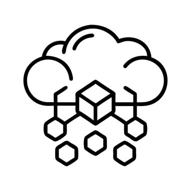 Birbirine bağlı veri blokları ile bulut hesaplama altyapısını tasvir eden, merkezi olmayan ağları ve verimli dijital depolama çözümlerini temsil eden gösterişli bir çizgi ikonu.
