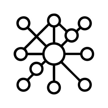 Birbirine bağlı düğümlerden oluşan bir ağı, veri bağlantısını, iletişimi, sosyal ağları ve dağıtılmış sistem mimarisini gösteren temiz bir siyah ana hat simgesi.