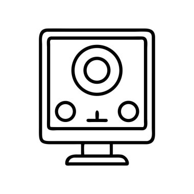 Basit bir çizgi resim simgesi, bir bilgisayar monitörünü belirgin bir dairesel sembolle tasvir ediyor, muhtemelen ekrandaki kontrol unsurlarıyla birlikte bir kamera ya da izleme sistemini temsil ediyor. Teknoloji, güvenlik ve dijital arayüz tasarımları için ideal.
