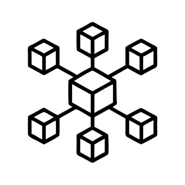 Merkezi olmayan bir ağ yapısını gösteren bir taslak simgesi. Veri dağılımı, engelleme zinciri, birbirine bağlı sistemler ve bağlanabilirliği sembolize eden, birden fazla küçük bloğa bir merkez blok bağlantısı.