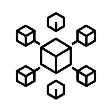 Merkezden uzaklaşılmış bir ağ, veri dağılımı ve blok zinciri mimarisini sembolize eden, birkaç küçük küp ve altıgenle bağlantılı merkezi bir küp tasvir eden bir taslak simgesi.