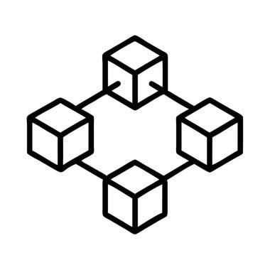 Bir engelleme ağı veya dağıtılmış defter sisteminin kavramsal illüstrasyonu. Birbirine bağlı dört küp, modern dijital teknoloji uygulamaları için veri bloklarını ve merkezi olmayan bağlantıları temsil etmektedir..