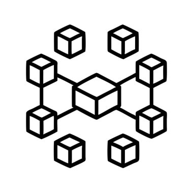 Blockchain teknolojisini sembolize eden, dağıtılmış bir defter, güvenli işlemler ve merkezi olmayan ağı temsil eden birbiriyle bağlantılı veri bloklarını gösteren bir simge.