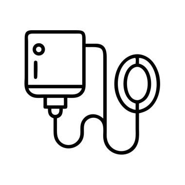 Bir hastane ortamında gerekli tıbbi bakım, su ve ilaç dağıtımını sembolize eden, damar içi (IV) bir serum torbasına bağlı açık bir çizgi sanat ikonu. Sağlıkla ilgili tasarımlar için mükemmel.