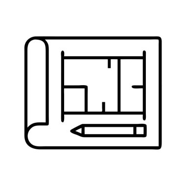 Minimalist vektör çizgisi resim simgesi yuvarlanmış bir mimari planı veya kurşun kalemle kat planını gösteriyor. Ev tasarımı, inşaat, mühendislik, emlak geliştirme ve kentsel planlama için ideal.